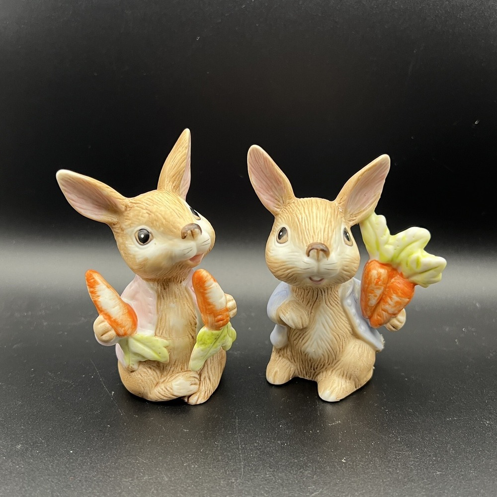 Homco Easter Bunnies With Carrots #1420 Set‎ of 2 Vintage